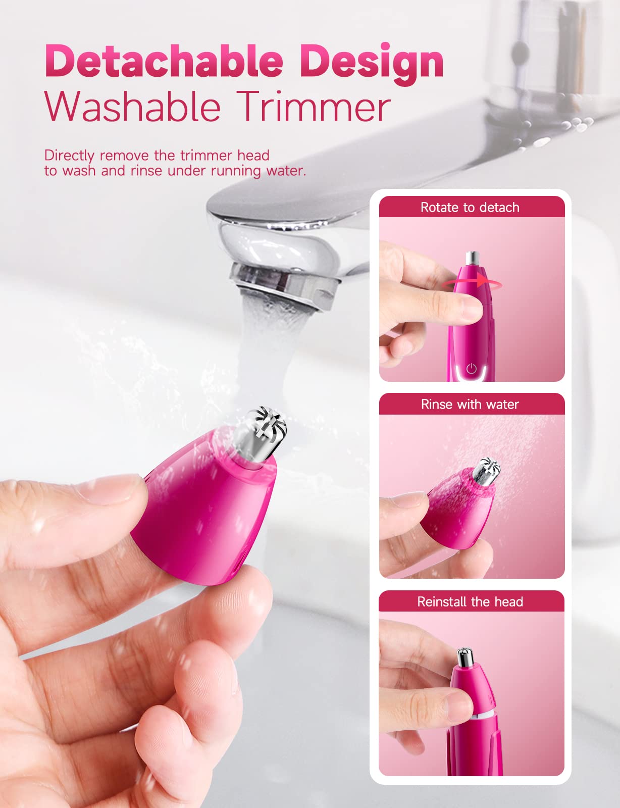 ZORAMI Rechargeable Ear and Nose Hair Trimmer - 2024 Professional Painless Eyebrow & Facial Hair Trimmer for Men Women, Powerful Motor and Dual-Edge Blades for Smoother Cutting Magenta