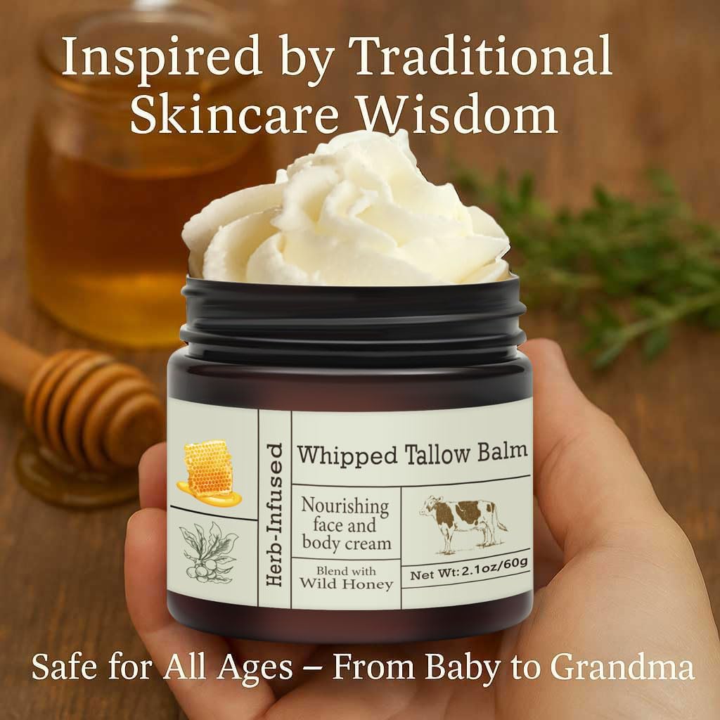 URQT Beef Tallow for Skin - Organic Grass-Fed Whipped Balm with Honey - Deeply Moisturizing Face & Body Care