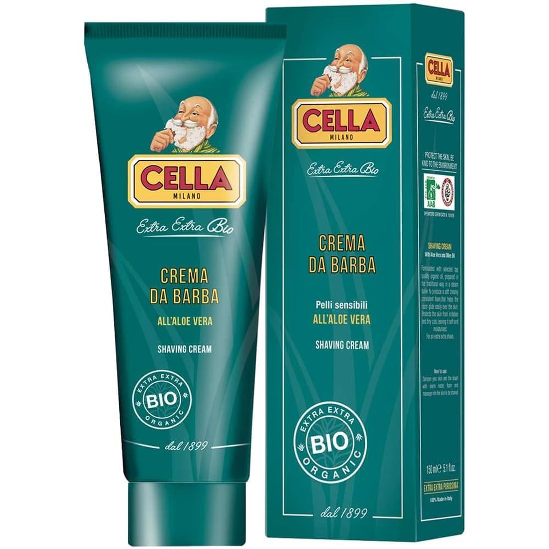 Cella Milano Organic Aloe Vera Shaving Cream - Rich Protective Lather, 150ml - Ideal for Shaving Brush, Made in Italy