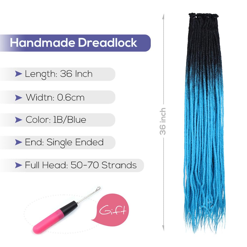 Kraler 36Inch 40 Strands Ombre Blue Dreadlock Extensions, Thin 0.6cm Width Synthetic Crochet Dreads Extensions 100% Handmade Single Ended Long Dreads Reggae Style Dreadlock for Worman