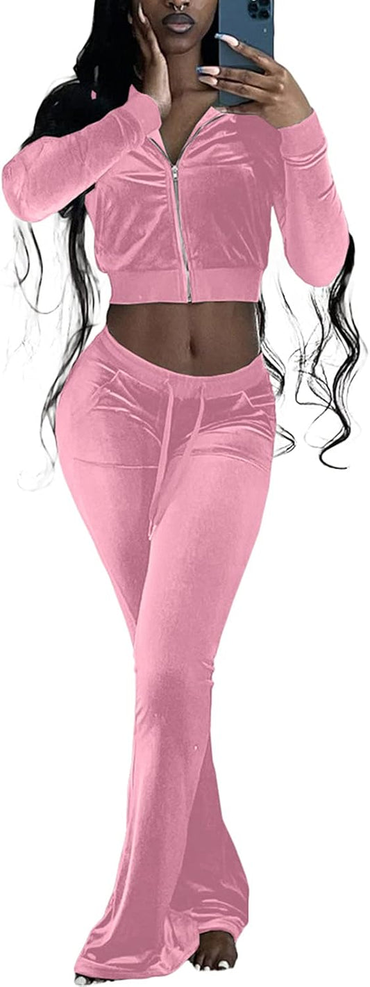 Skiennix Two Piece Outfits for Women - Velour Tracksuit with Crop Top Zip Jacket & Flare Pants Set