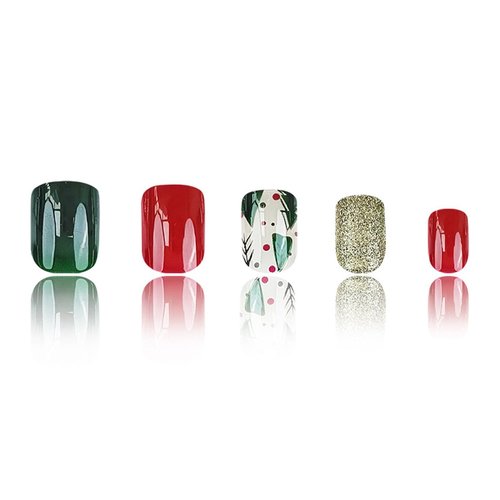 Christmas Press on Nails Short Square Fake Nails Press ons with Golden Glitter Christmas tree Design False Nails Red Green Full Cover Glue on Nails Glossy Christmas Stick on Nails for Women 24Pcs