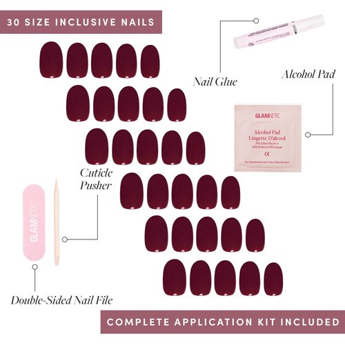 Glamnetic Press On Nails - Berry Maroon | Opaque Dark Red Maroon Short Round Fake Nails, Salon Quality | 12 Sizes - 30 Nail Kit with Glue