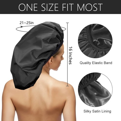 Auban Extra Large Shower Cap - Double-Layer Waterproof Bonnet for Thick, Long Hair | Black Satin Lining