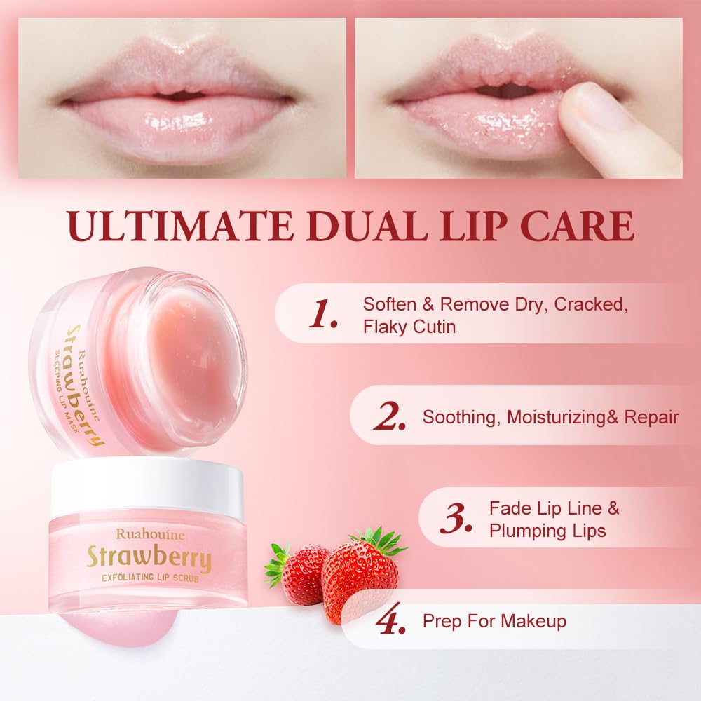 Strawberry Lip Scrub And Mask Set, Lip Scrub Kit, Lip Scrub Set, Sugar Lip Scrub Exfoliator, Lip Scrub For Dark Lips To Lighten, Lip Care Kit, Sleeping Lip Mask, Lip Mask Pack, 1.4 oz / 2-piece