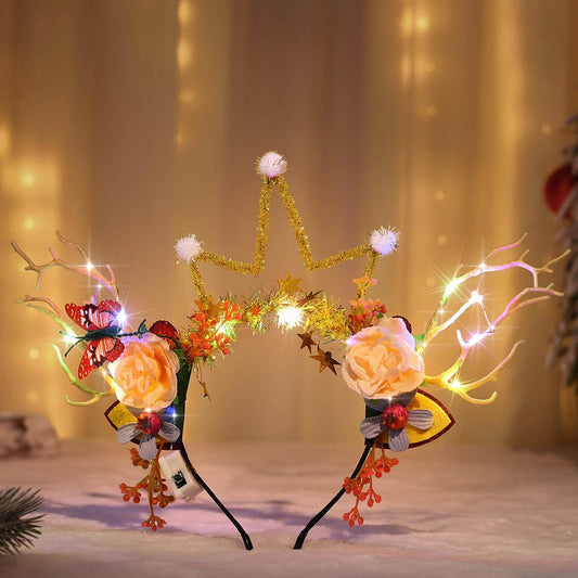 Nicute Light Up Christmas Headbands Xmas Reindeer Hair Hoop Glow Flower Holiday Party Hair Band for Women and Girls (Colorful-2)