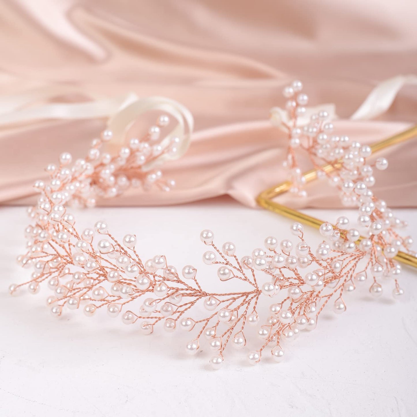 Kercisbeauty Pearl Headpiece for Wedding Brides Women Boho Hair Vine Princess Hair Tiara Jewelry for Special Occasion Bridal Shower Headband (Rose Gold)