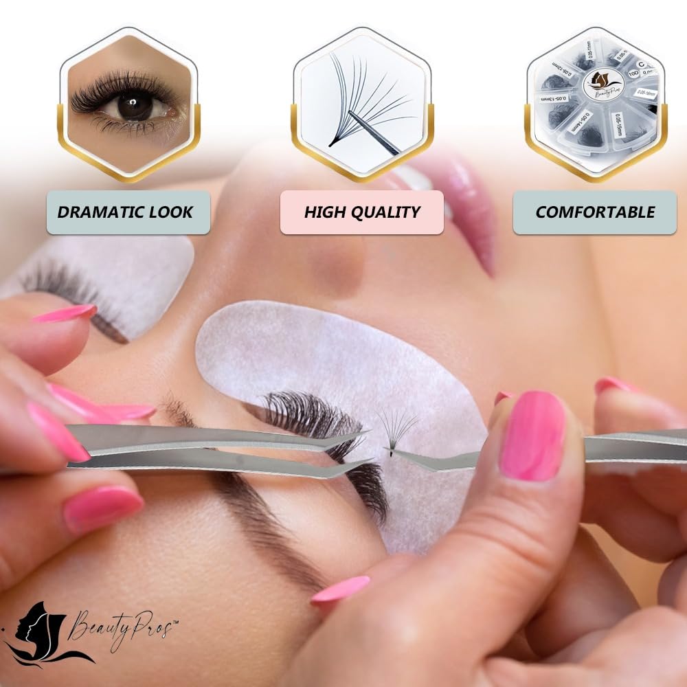 BeautyPros 5D Premade Volume Lash Extension Kit- 5D Mixed Tray 500 Premade Fans Eyelash Extensions - Premade Lash Fans Pointed Handmade Premade - Loose Fans Thin Base (5D-0.07 C-Curl 9-16mm Yellow)