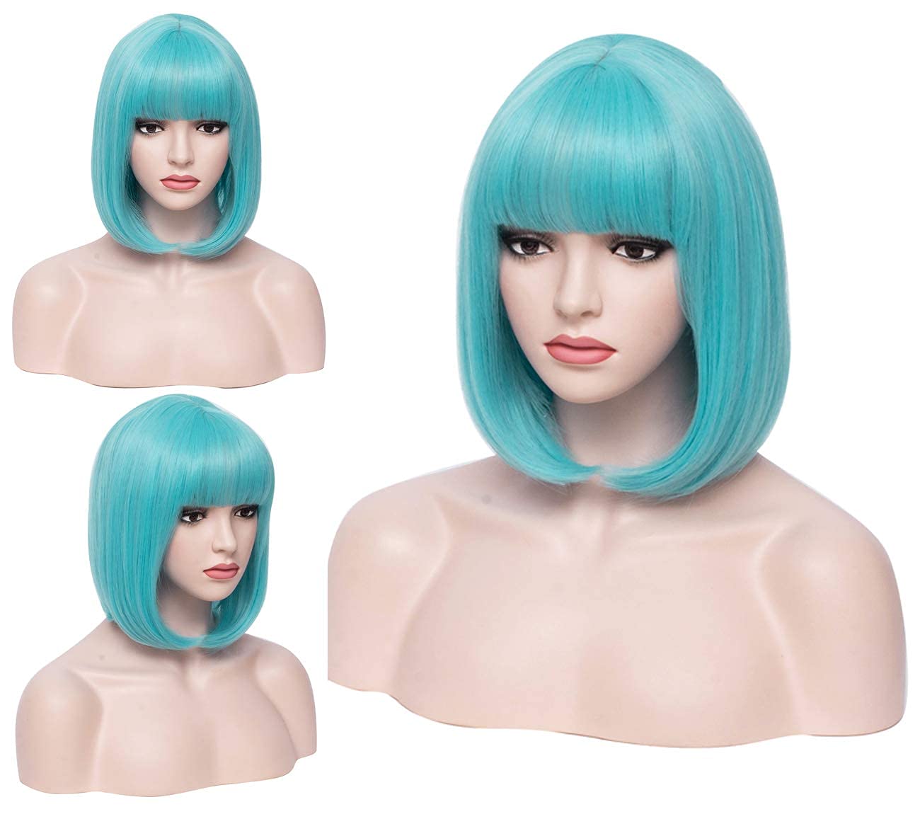 BERON 12 Inches Blue Bob Wig Short Straight Light Blue Wig with Bangs Teal Blue Wig for Women Halloween Cosplay or Daily Use Wigs (Light Blue)