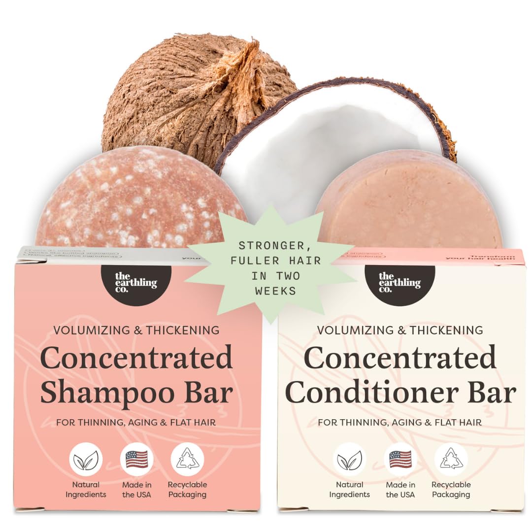 The Earthling Co. Volumizing Shampoo & Conditioner Bar Set - Thickening, Strengthening Formula for Fine Hair - Sulfate & Paraben Free (Vanilla Coconut)
