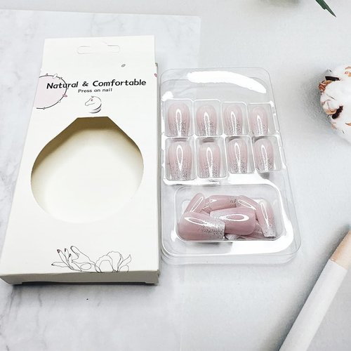 24pcs French Tip Press on Nails Short Square Pink Fake Nails with Glitter Design Glue on Nails Gradient False Nails Supplies Full Cover Glossy Acrylic Nails for Women Girl