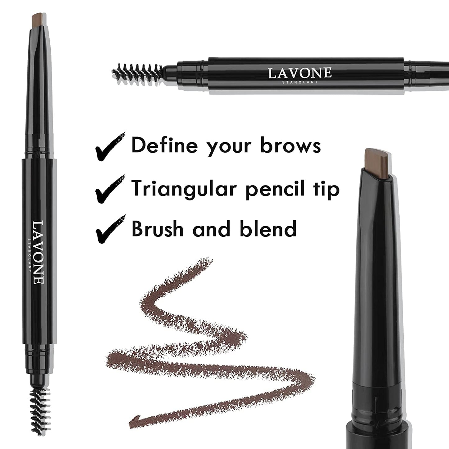 LAVONE Eyebrow Stamp Pencil Kit for Eyebrows, Makeup Brow Stamp Trio Kit with Waterproof Eyebrow Pencil, Eyeliner, Eyebrow Pomade, and Dual-ended Eyebrow Brush - Brunette