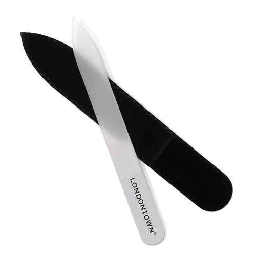 LONDONTOWN Clear Double-Sided Glass Nail File - Professional Etched Crystal Manicure Tool with Case Pouch