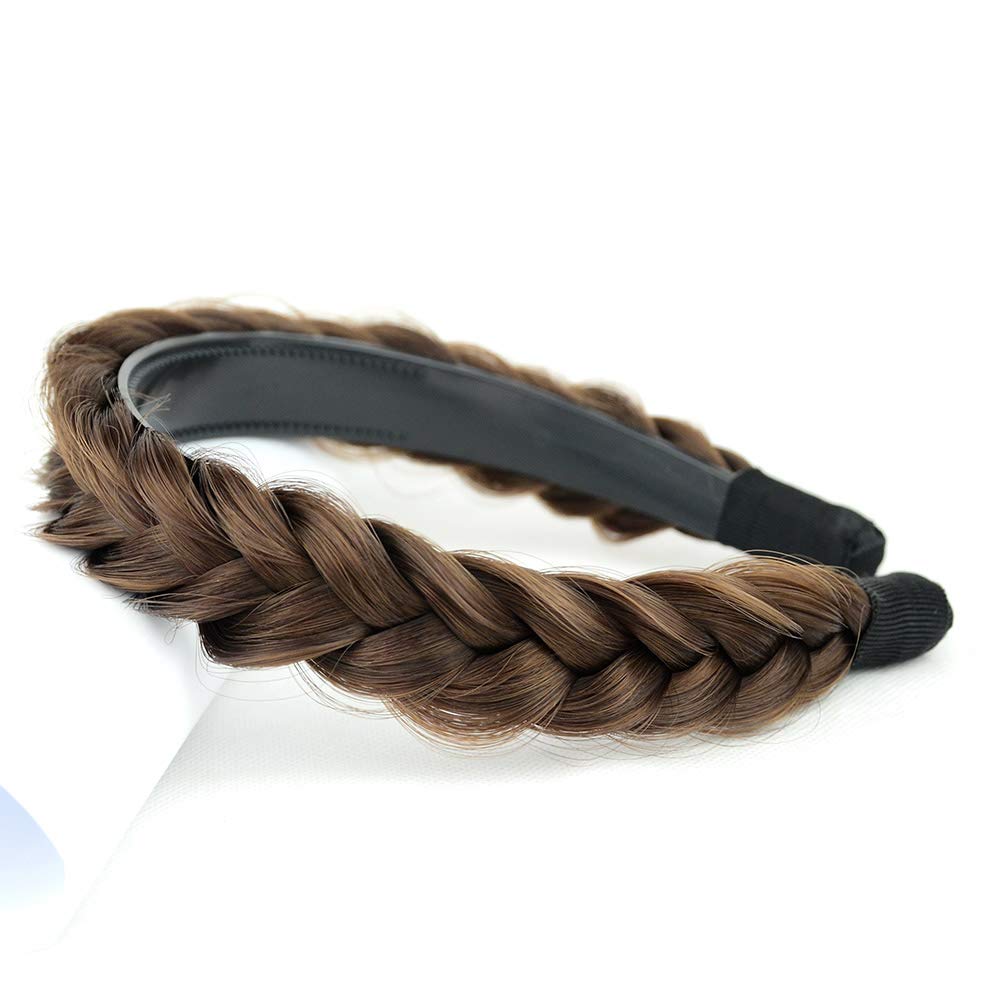 DIGUAN Headband Synthetic Hair Plaited Headband Braid Braided With Teeth Hair Band Accessories for Women Girl Width 1 Inch (W-Dark Brown)