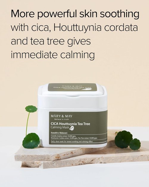 Mary&May CICA Houttuynia Tea Tree Calming Mask - Soothing Daily Sheet Mask for Hydration | 30 Hypoallergenic Sheets