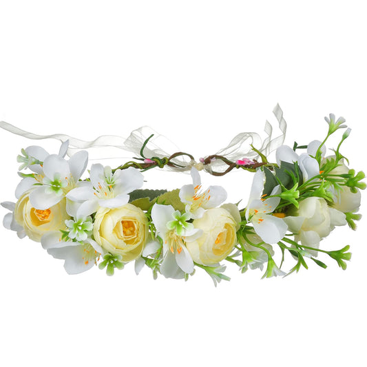 YnimioAOX Handmade Adjustable Flower Wreath Headband Halo Floral Crown Garland Headpiece,O1-White apricot