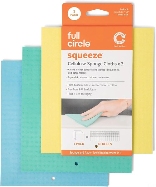 Full Circle Squeeze | Super Absorbent Cellulose Sponge Cloths - Eco-Friendly, 3-Pack, Multicolor