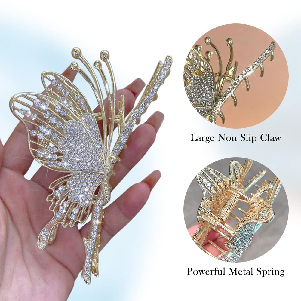 Butterfly Hair Claw Clips for Women, 2Pcs Rhinestone Large Non-Slip Strong Metal Clips for Thick Hair Styling, Hold, and Fashion Hair Accessories