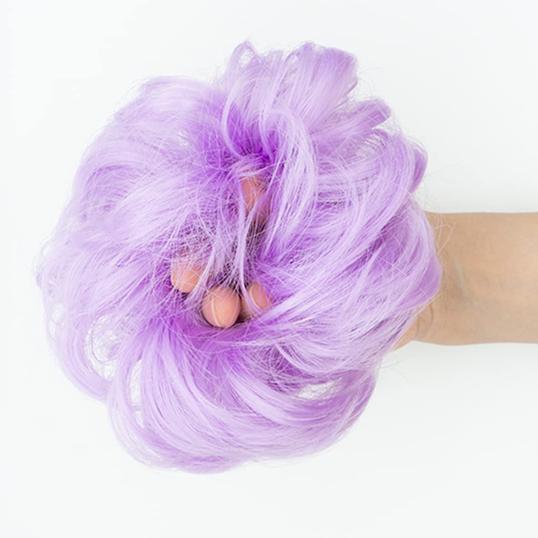 QTHQTFL 2pcs Messy Bun Scrunchie Hair Pieces - Elastic Rubber Band Curly Wavy Synthetic Ponytail Extensions for Women Girls (Light Purple)