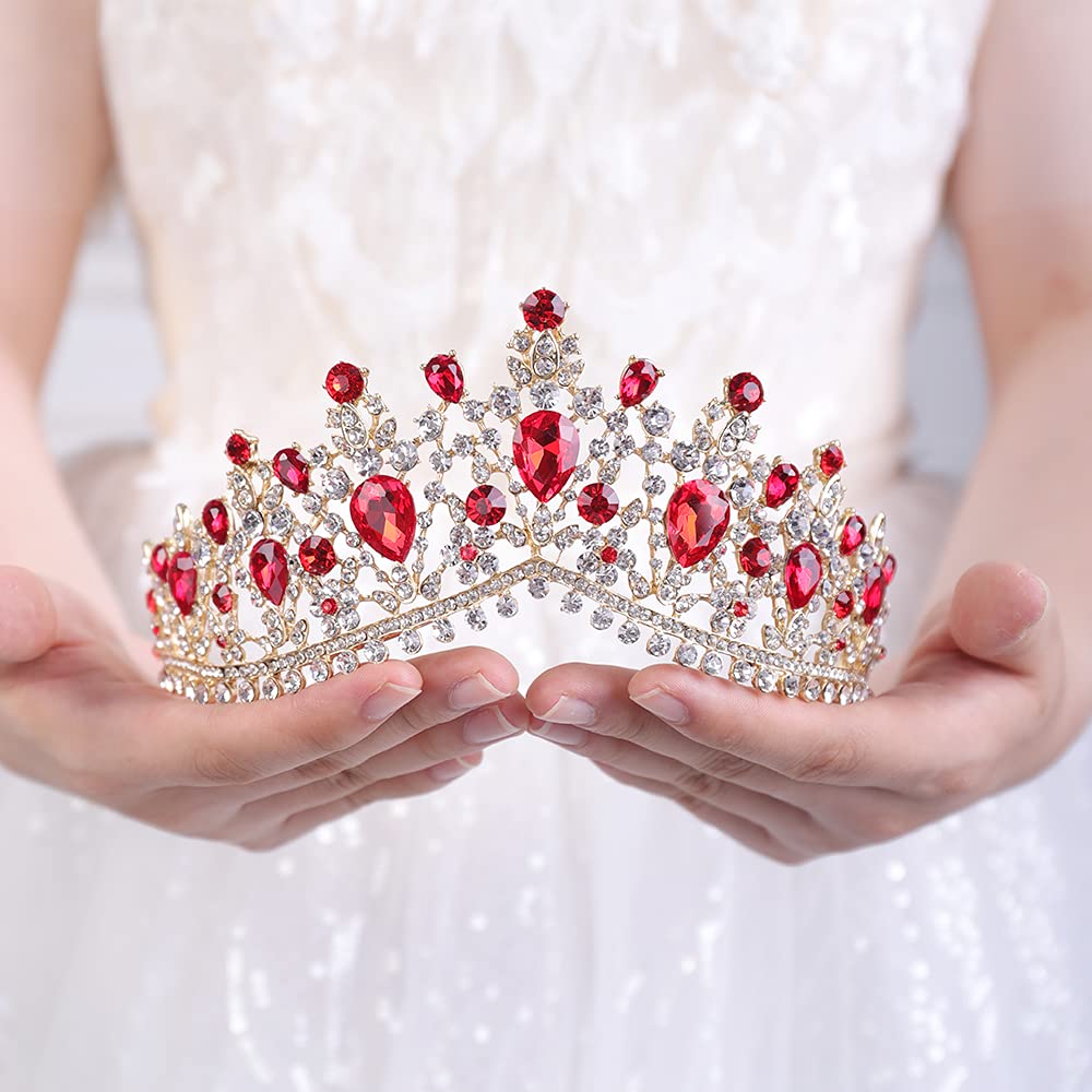 JWICOS Rhinestone Princess Crowns for Women and girls Wedding Bridal Party (red and gold)