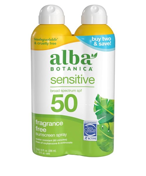 Alba Botanica Sunscreen Spray SPF 50 - Sensitive Skin Formula, 10 Fl Oz (Pack of 2)