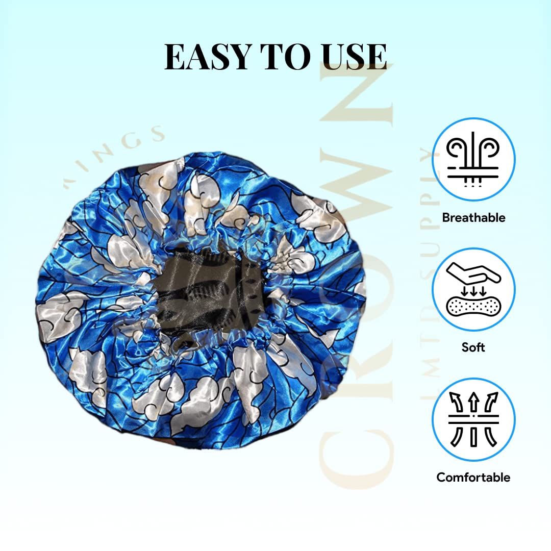 Large Bonnet - Silky Satin Bonnet with Elastic Soft Band (Blue White Water Clouds)