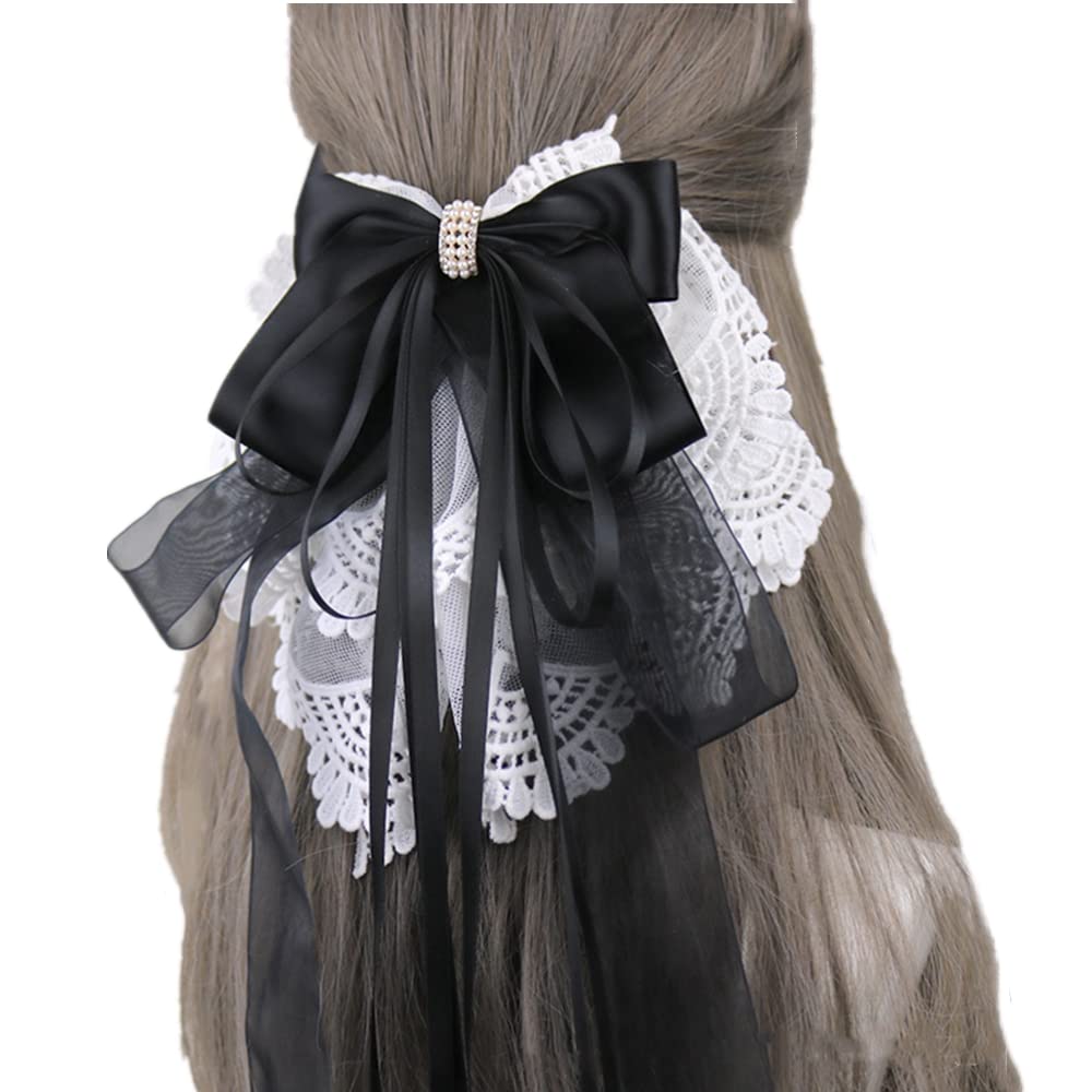 Women Handmade Ribbon Lace Sweet Cute Hairpin Lolita Big Bow Hair Clips Lolita Party Princess Barrette Hair Accessories (Black)