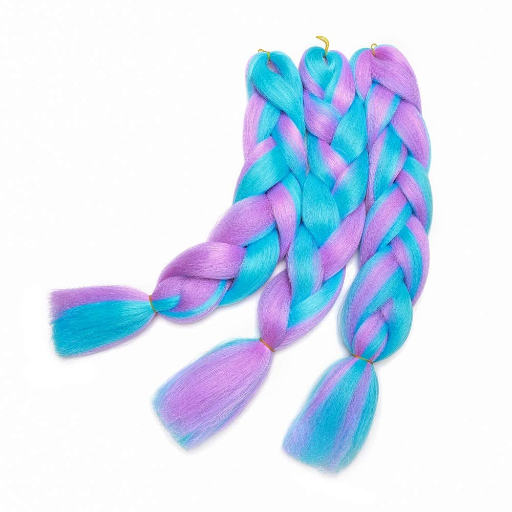 S-noilite 24" Ombre Jumbo Braiding Hair Extensions Long Jumbo Crochet Braids 3 Tone Jumbo Braiding Hair Extensions High Temperature Pre Stretched Colorful Braids (1 Bundle, Sky Blue Mix Light Purple)