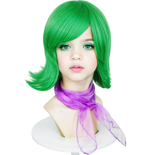 Green Disgust Wig for Kids Girls Toddlers, Short Green Wig and Scarf for Halloween Disgust Costume Parties Stage Performances Cosplay