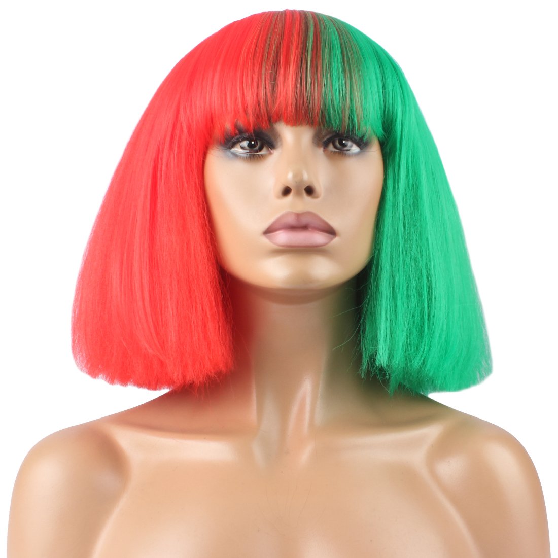 WeKen Fashion Wig Women's Short Bob Kinky Straight Full Bangs Synthetic Hairpieces Red and Green