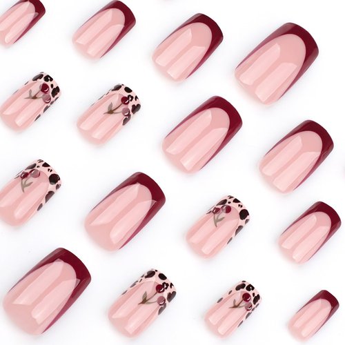 French Press On Nails Short Square, Pink Fake Nails with Leopard French Tips and Cherry Garnish Designs, Glossy Gel Finish Acrylic Press On Nails, Thick Natural Glue On Nails Kit, Leopard Cherry