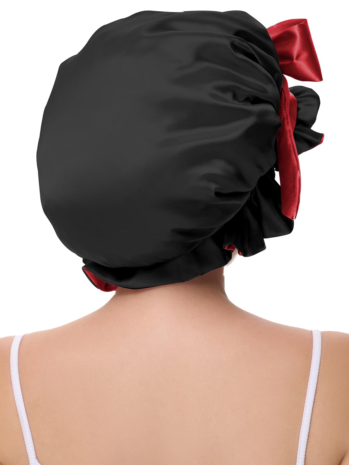 Vettres Hair Bonnet for Sleeping, Satin Silk Shower Cap Women 2025 with Tie Band and Adjustable Straps Head Wrap for Curly Hair Black F