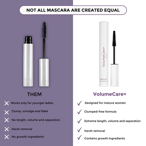Rumi Cosmetiques VolumeCare+ Mascara For Older Women - Extreme Length and Volume 2-in-1 Formula - No Clumps, Long-Wearing, Hypoallergenic Mascara For Sensitive Eyes (Natural Black)