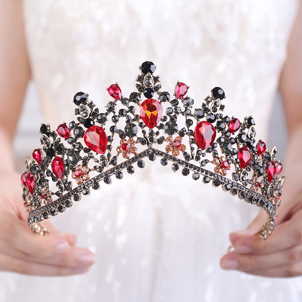 wekicici Wedding Crown Crystal Rhinestone Tiara Red Bridal Princess Tiara Headbands Hair Accessories for Bride Party Bridesmaids Birthday Prom Halloween Costume Cosplay Gifts(Black and Red)