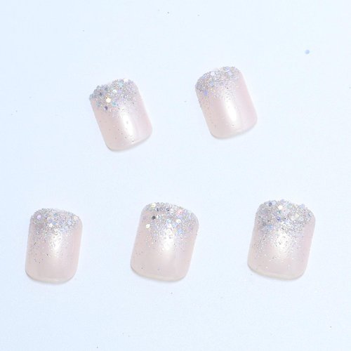 Press on Nails Short Square Fake Nails Glitter Sequins Acrylic Nails Glossy Light Pink Glue on Nails Cute False Nails Translucent Stick on Nails for Women Girls 24 Pcs