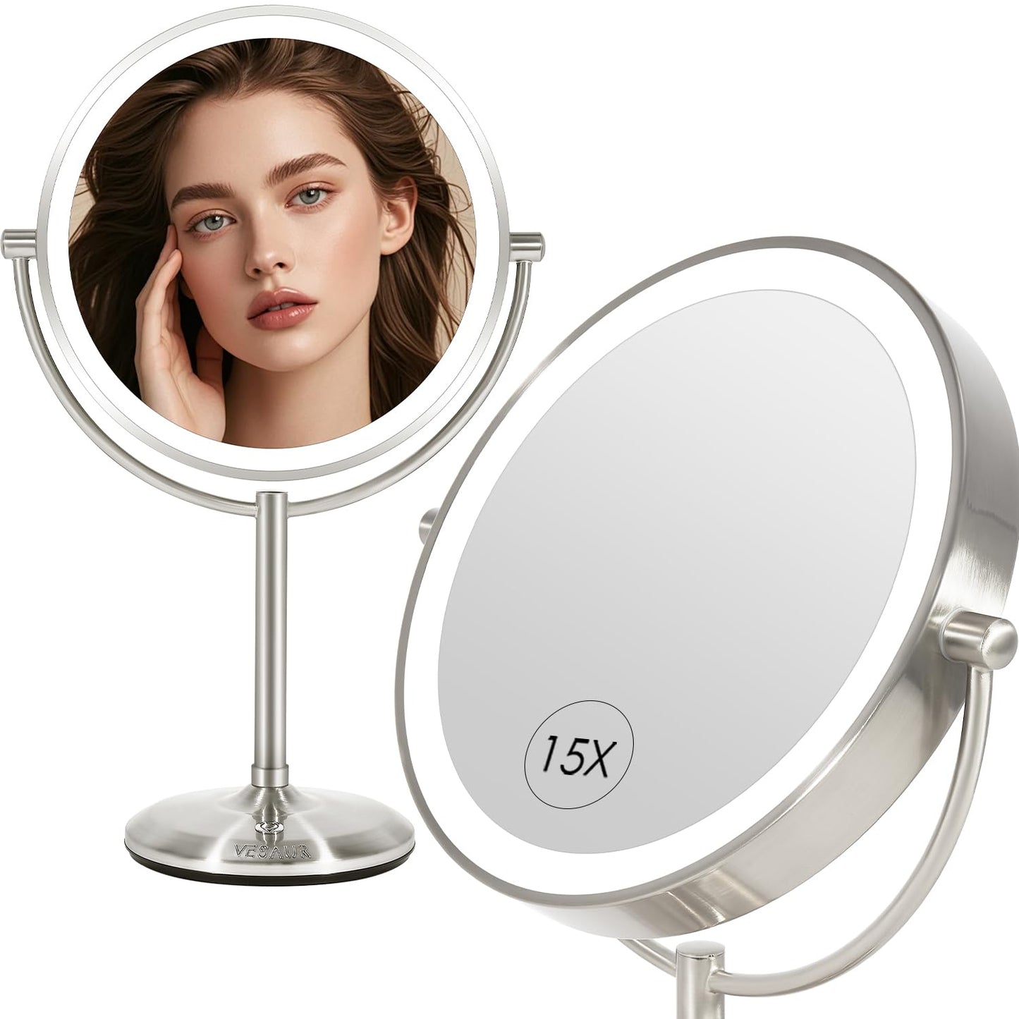VESAUR 15X Magnifying Mirror with Light, 9" Large 5000mAh Rechargeable Double Sided HD Lighted Makeup Mirror with 3 Touch Dimmable Light, 360° Swivel Detachable for Travel Vanity Mirror Nickel, Gifts