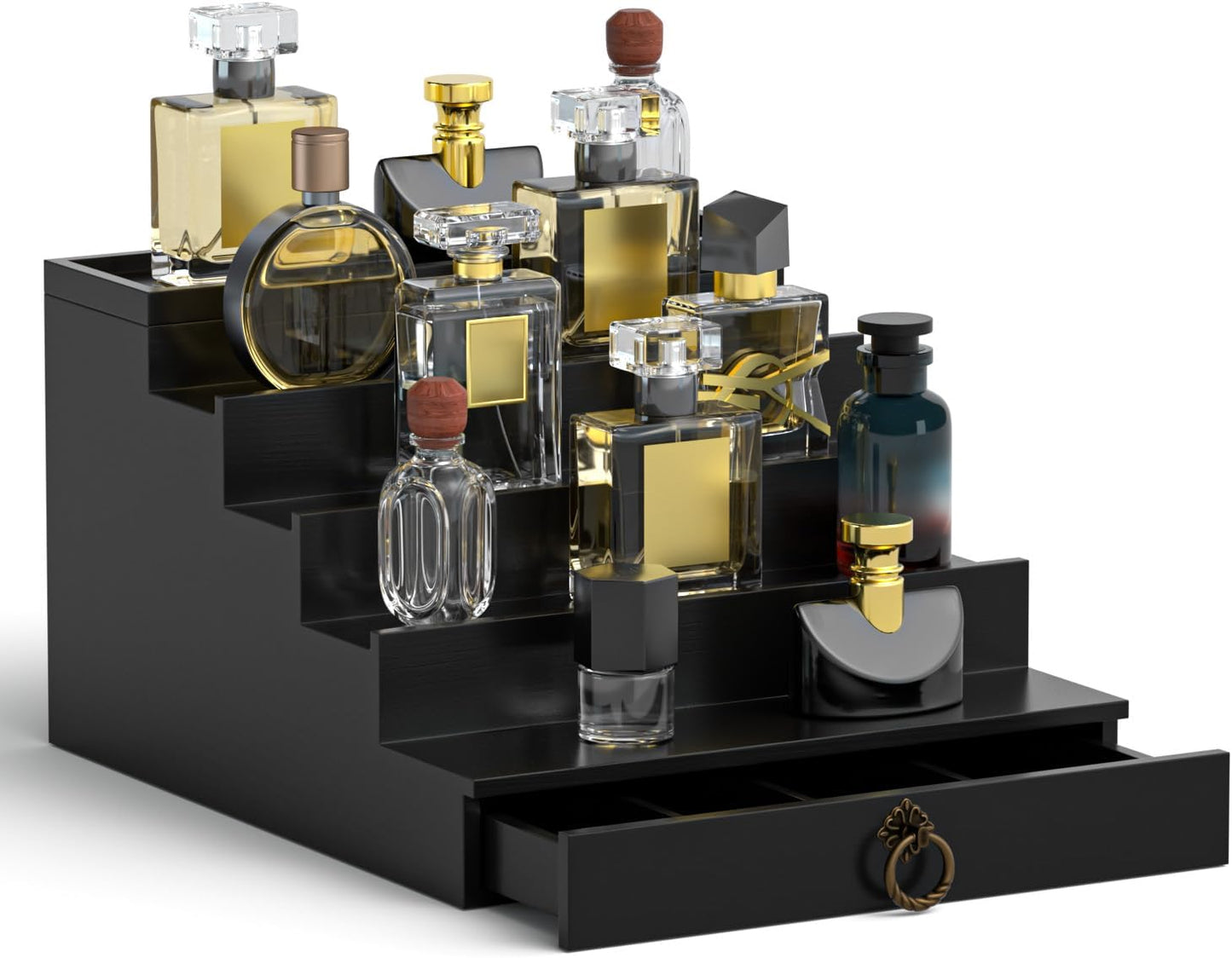 Skiennix 5-Tier Cologne Organizer - Premium Black Wood Perfume Display Stand with Drawer for Fragrance Collection