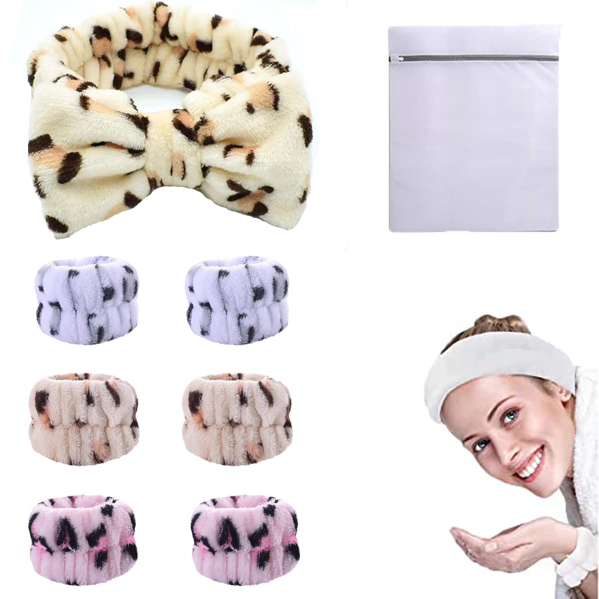 Cozy Manor 7 Pieces Spa Wrist Washband Set 6 Pieces Absorbent Wrist Towels for Washing Face and Facial Makeup Headband with Laundry Bag Wristbands for Women Girls (baowen)