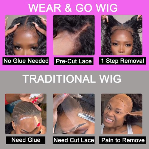 Srakuw Wear and Go Glueless Wigs Human Hair Pre Plucked Pre Cut Lace Front Wigs for Black Women 180 Density Water Wave Bob Wig Human Hair Curly Wig (14 Inch)