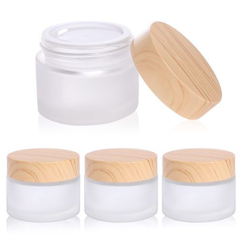 50 Gram/ml Glass Cosmetic Containers with lids，Round Frosted Cosmetic Jars with Leakproof lids,Small Empty Glass Sample Jars for Makeup Lip Scrub Balm Lotions Sample Eye Creams DIY (4 PACK 50ML)