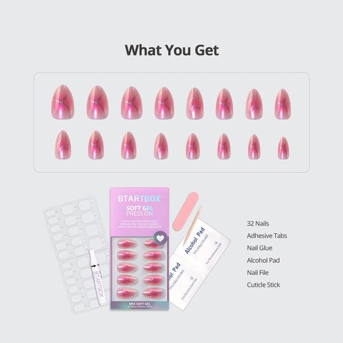 BTArtbox Press On Nails Almond - Neon Gradient, Pink Chrome Short Press On Nails with Glue and Adhesive Tabs for Women in 16 Sizes - 32 Soft Gel Glue On Nails Kit