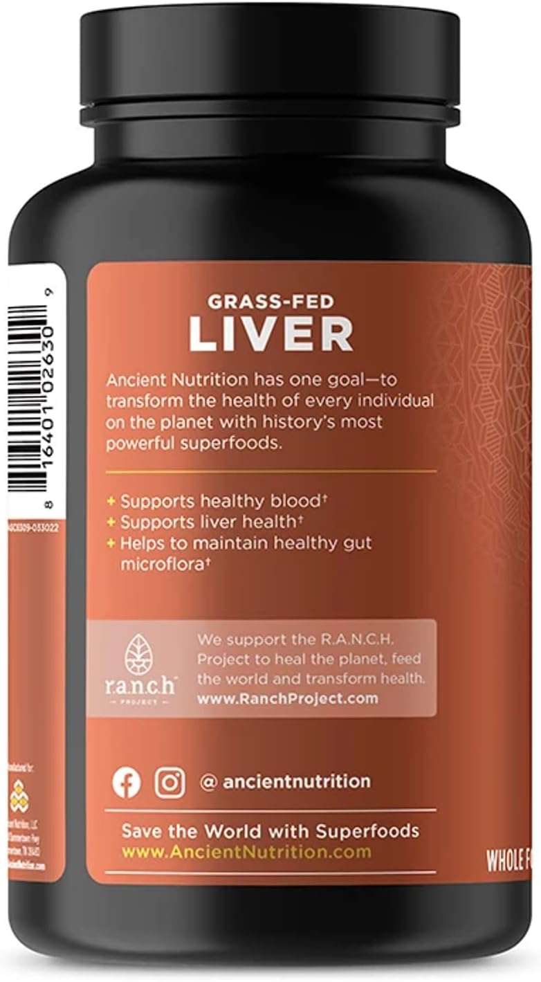 Ancient Nutrition Organ Supplements - Grass-Fed Beef & Lamb Liver Complex Capsules | 180 Ct for Healthy Blood & Gut Support
