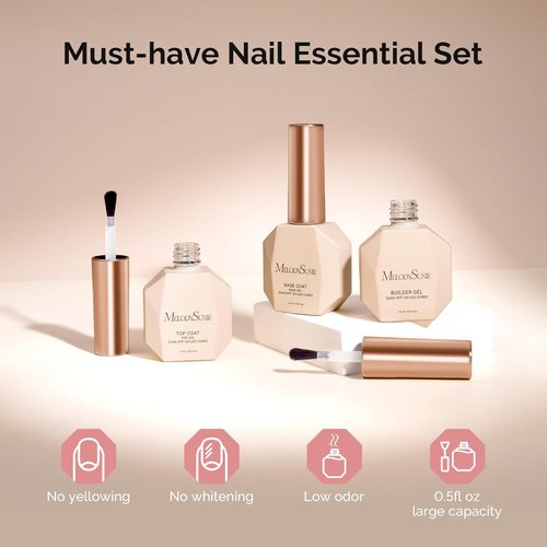 MelodySusie Builder Gel Set - No Wipe Glossy Top Coat & Base Coat - Long Lasting Shine | 3 Pcs 15ml Clear