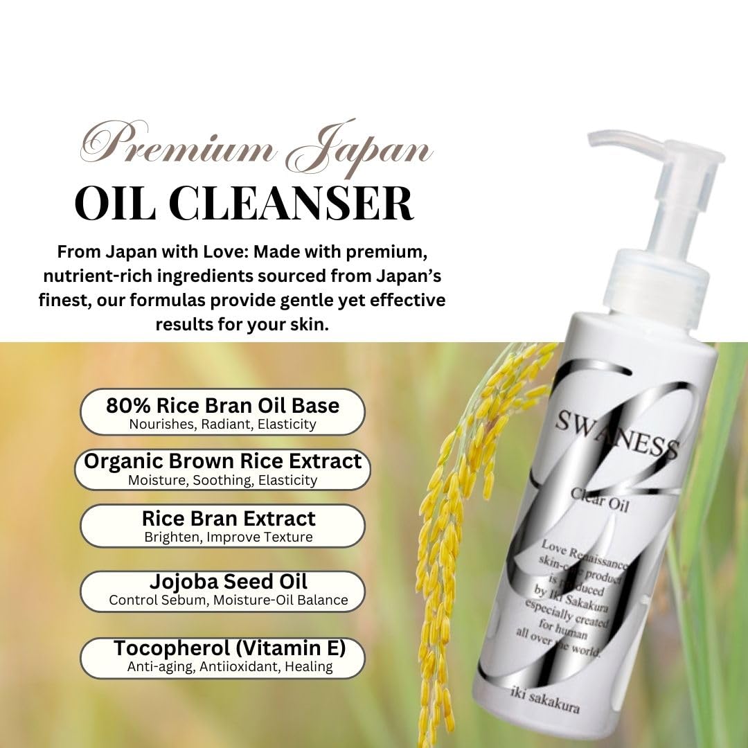 SWANESS Clear Oil, Japanese Premium Skincare Oil Cleanser – Anti-Aging Makeup Remover & Massage with Rice Power for Deep Pore Cleansing, Waterproof Mascara, Sunscreen & Radiant Skin