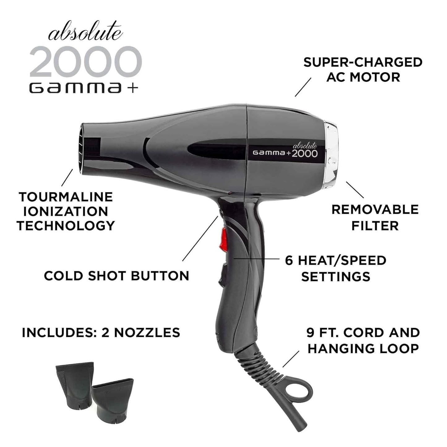 Gamma+ Absolute 2000 Professional Tourmaline Ionic Hair Dryer - Unisex with 2 Concentrator Nozzles