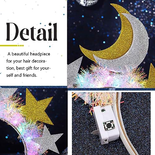 EARENT Light Up Star Headband Led Glow Moon Stars Hair Band Luminous Hair Hoop Glitter Tinsel Headpiece Rave Nightclub Costume Party Hair Accessories for Women (C-Gold+Silver)