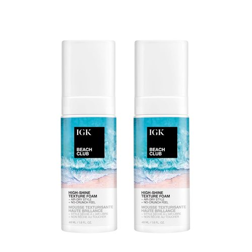 IGK Beach Club High-Shine Texture Foam - Salt-Free Air-Dry Foam for Beach Waves & Frizz Control | Travel Size 2-Pack