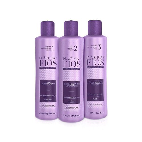 Plastica Dos Fios - Brazilian Keratin Hair Smoothing System | Anti-Residue Shampoo & Repair Mask Set (3x300 ML)