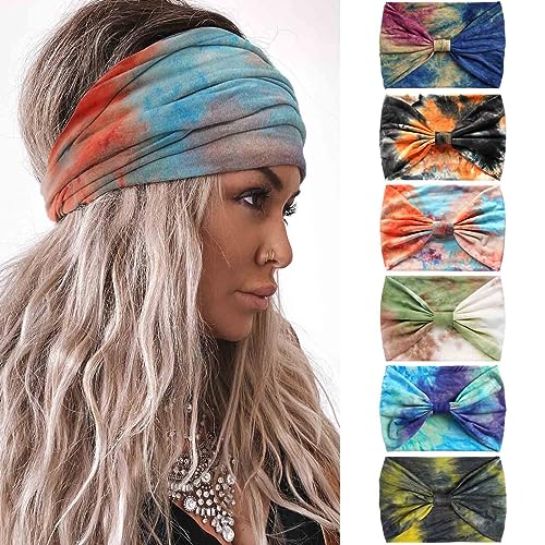 Olbye Headbands for Women Wide Boho Hairbands Knotted Turban Headband Tie Dye Non Slip Elastic Head Bands Floral African Workout Head Wraps Solid Color Yoga Sweatband Cotton Head Scarfs Bohemian Hair