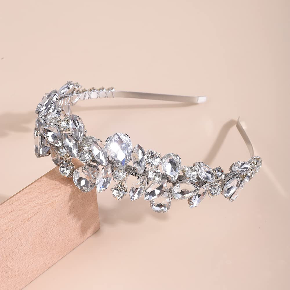 Teyglen Rhinestone Crystal Headband Hair Band Handmade Full Crystal Hair Hoop Bridal Wedding Gold Silver Headpieces Hair Accessories for Women Girl (Silver)